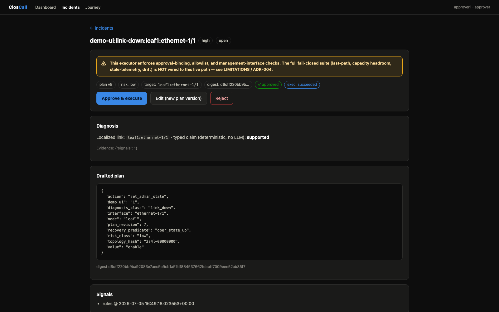 ClosCall approval screen: safety-scope banner directly above the Approve button, digest-bound plan